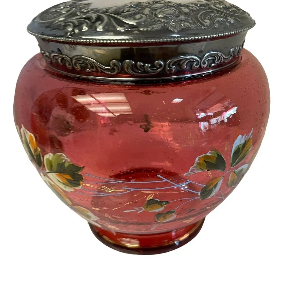 Antique Cranberry Glass Biscuit Jar Hand Painted Floral Victorian Silver Lid Red